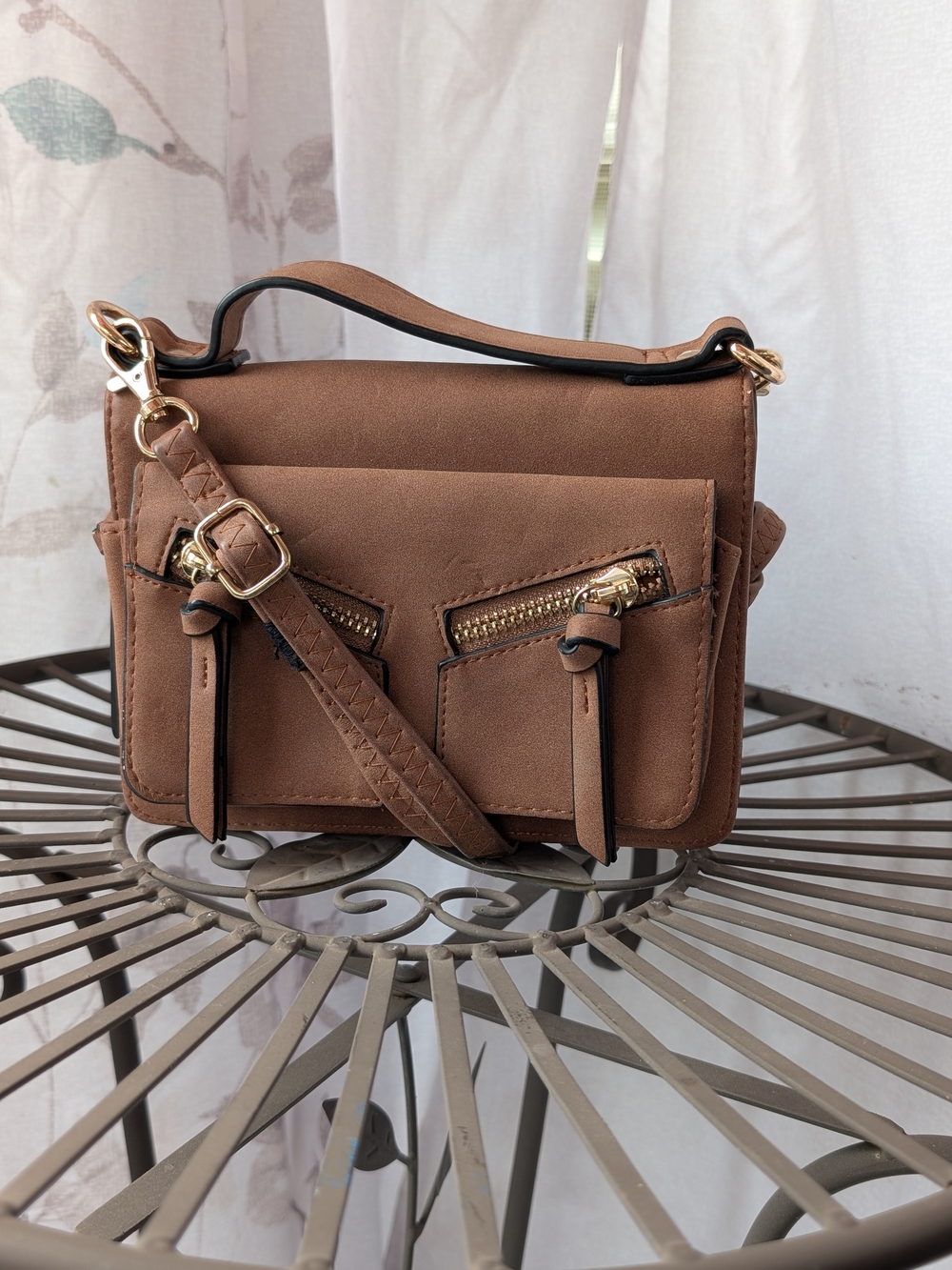 Brown Faux-Suede Crossbody Bag/ Wallet with Front Zip Pockets
